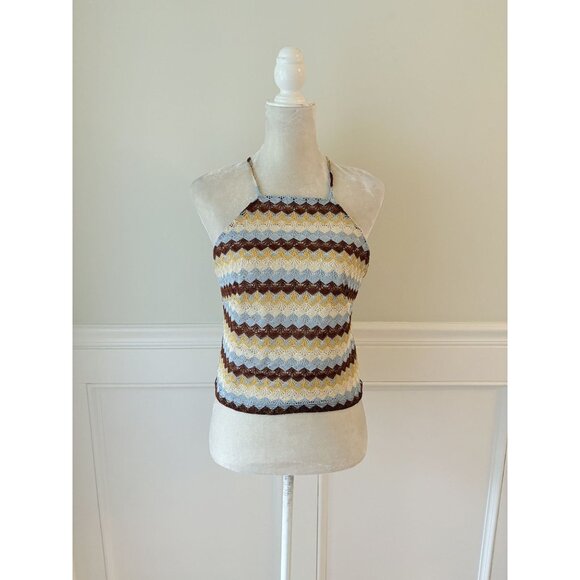 Crochet Halter Top With Adjustable Straps By Derek Heart L Multicolor Chevron Pa - Picture 1 of 5
